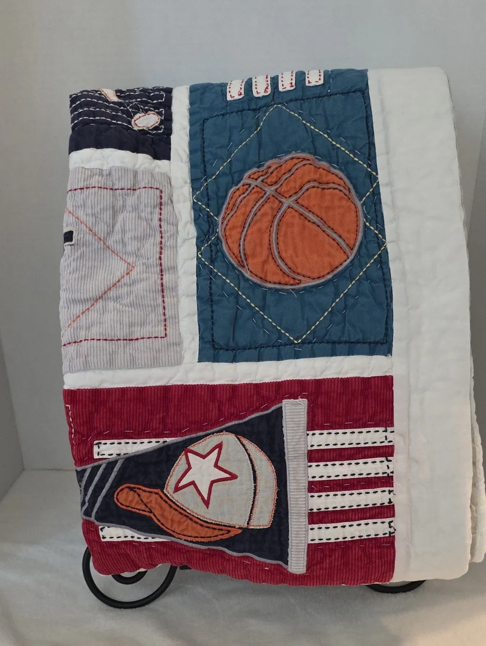 Pottery Barn Kids Junior Varsity Red Navy Sports Patchwork Quilted Toddler Crib